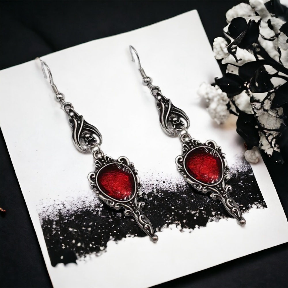 1 Pair Gothic Vintage Style Vampire Bat Red Mirror Drop Earrings Fashion Jewelry